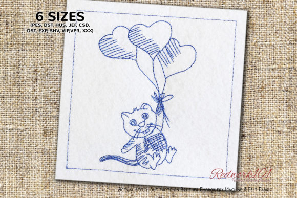 Cat with Heart Balloons Redwork