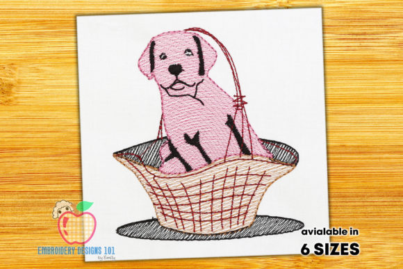 Cutest Dog Sitting in Basket Embroidery